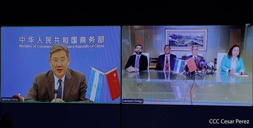 Funcionarios de Nicaragua y China anuncian conclusión de negociaciones para la entrada en vigencia del TLC entre Nicaragua y China. 24 de julio de 2023. Foto: Prensa oficialista.