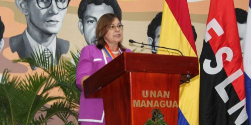 Ramona Rodríguez toma posesión de su cargo como rectora reelecta de la UNAN-Managua. 13 de julio de 2022. Foto: UNAN-Managua.