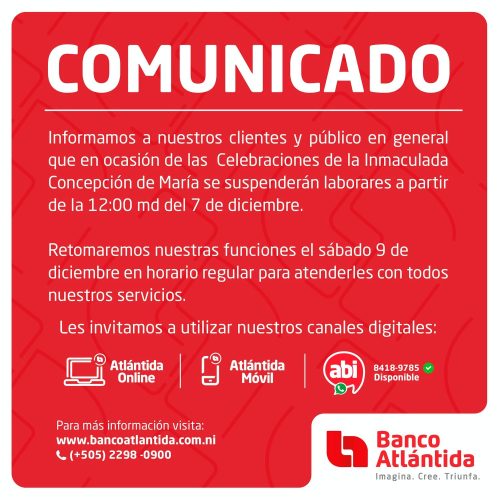 Comunicado del Banco Atlántida de Nicaragua. 