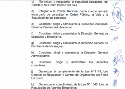 Ley que establece las funciones y estructura del Ministerio del Interior. Nicaragua.