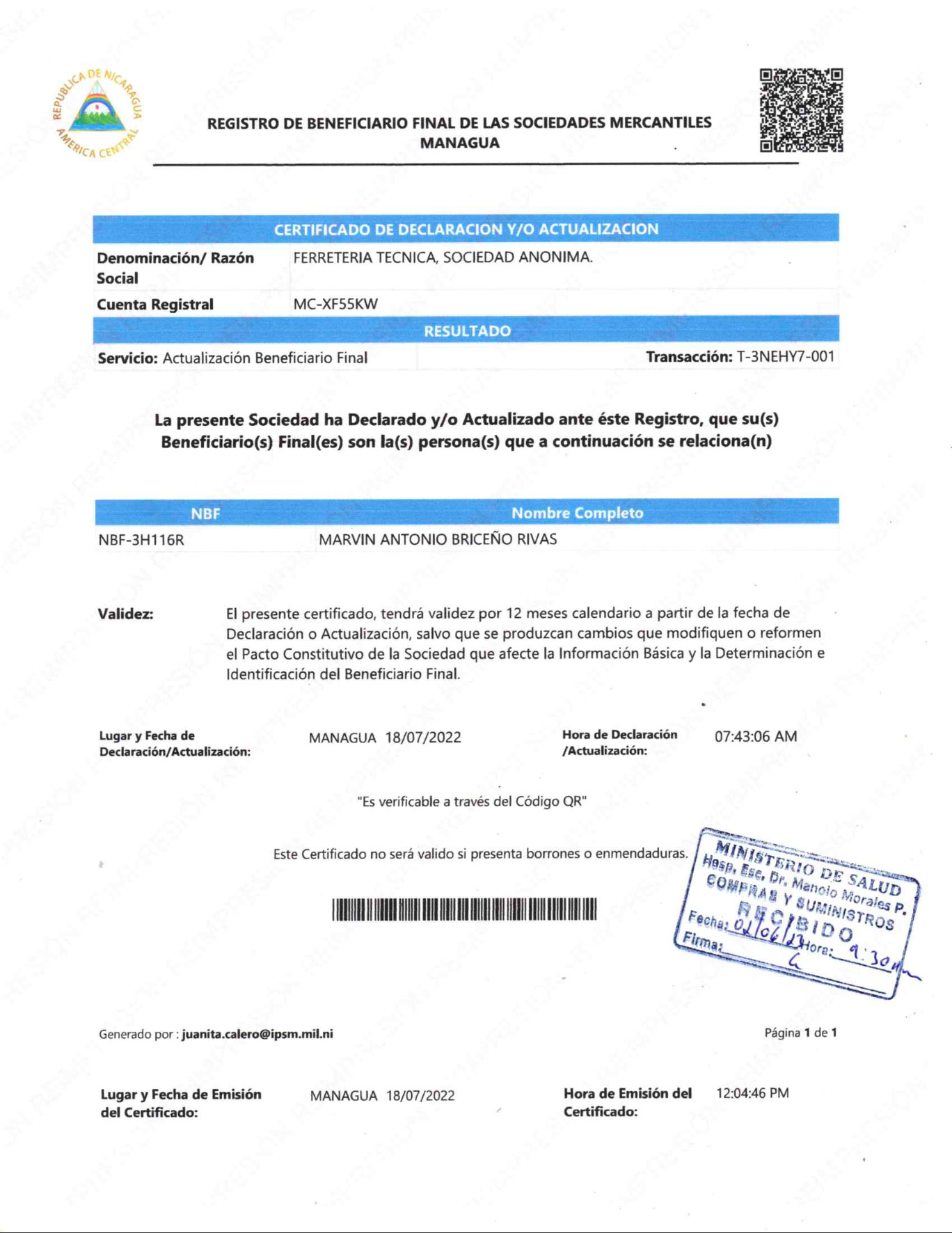  Declaración final que evidencia que Marvin Antonio Briceño Rivas está detrás de Fetesa. Foto | Registro Público de Nicaragua.