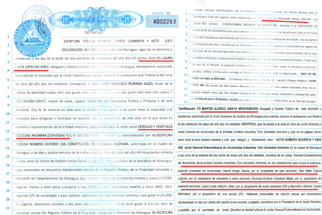 Los abogados Laura Lucía Urtecho Jerez y Martín Alonso Amaya Montenegro, quienes son accionistas de empresas militares, extienden escritos para otras.